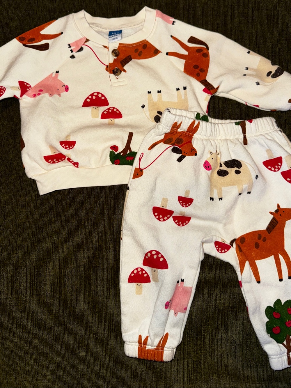 Old Navy Cream Baby Two-Piece Sweat Set with Orange and Pink Animal Prints